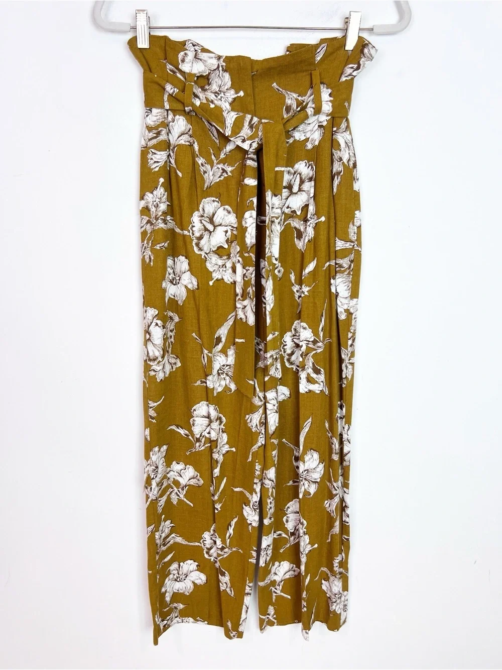 ZARA MUSTARD YELLOW WHITE FLORAL WIDE LEG PANTS TIE BELT WOMENS XS